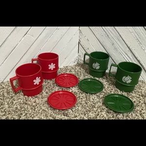 Vintage Tupperware red snowflake green bird cups